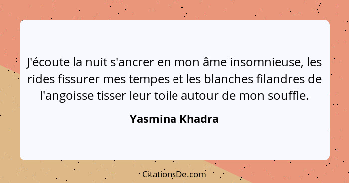 J'écoute la nuit s'ancrer en mon âme insomnieuse, les rides fissurer mes tempes et les blanches filandres de l'angoisse tisser leur t... - Yasmina Khadra