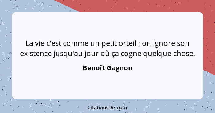 La vie c'est comme un petit orteil ; on ignore son existence jusqu'au jour où ça cogne quelque chose.... - Benoît Gagnon