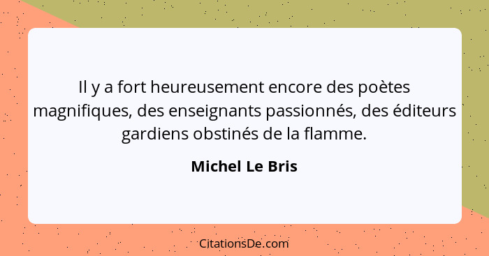 Il y a fort heureusement encore des poètes magnifiques, des enseignants passionnés, des éditeurs gardiens obstinés de la flamme.... - Michel Le Bris