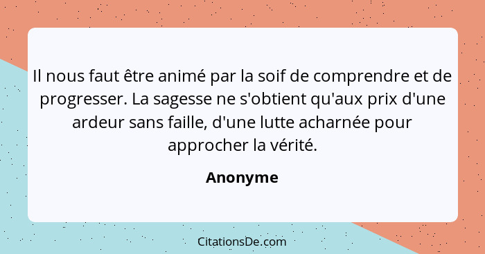 Il nous faut être animé par la soif de comprendre et de progresser. La sagesse ne s'obtient qu'aux prix d'une ardeur sans faille, d'une lutt... - Anonyme