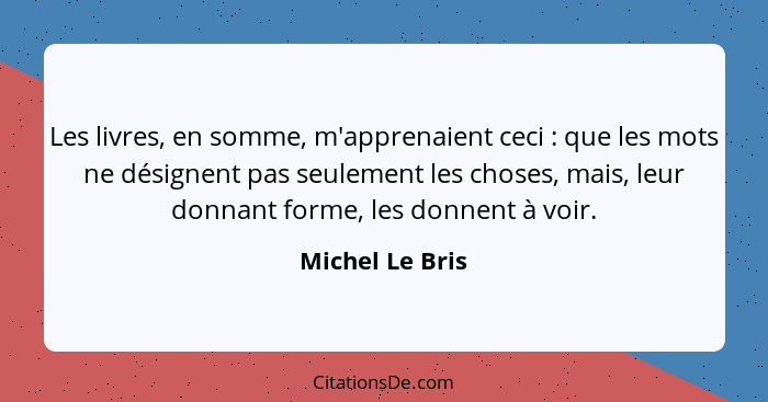 Les livres, en somme, m'apprenaient ceci : que les mots ne désignent pas seulement les choses, mais, leur donnant forme, les don... - Michel Le Bris