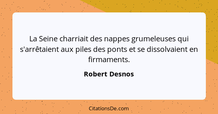 La Seine charriait des nappes grumeleuses qui s'arrêtaient aux piles des ponts et se dissolvaient en firmaments.... - Robert Desnos