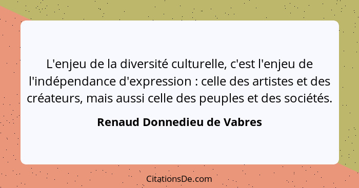 L'enjeu de la diversité culturelle, c'est l'enjeu de l'indépendance d'expression : celle des artistes et des créateu... - Renaud Donnedieu de Vabres