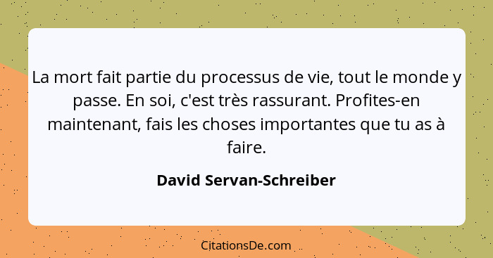 La mort fait partie du processus de vie, tout le monde y passe. En soi, c'est très rassurant. Profites-en maintenant, fais le... - David Servan-Schreiber