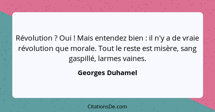 Révolution ? Oui ! Mais entendez bien : il n'y a de vraie révolution que morale. Tout le reste est misère, sang gaspi... - Georges Duhamel