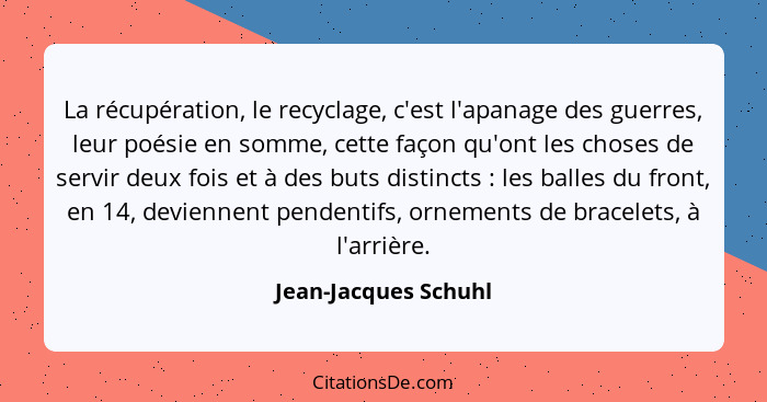 La récupération, le recyclage, c'est l'apanage des guerres, leur poésie en somme, cette façon qu'ont les choses de servir deux f... - Jean-Jacques Schuhl