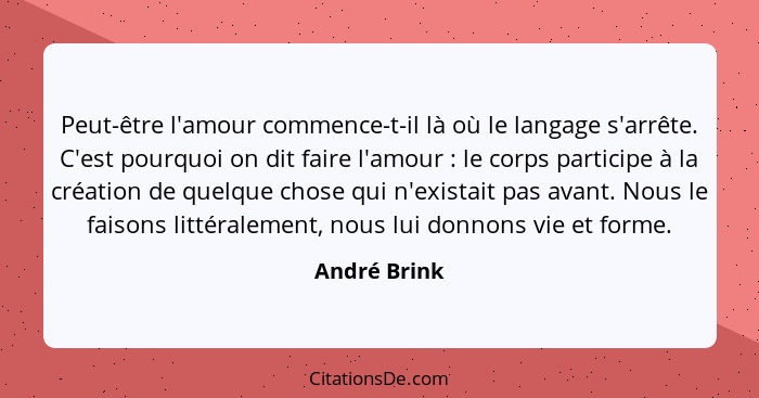 Peut-être l'amour commence-t-il là où le langage s'arrête. C'est pourquoi on dit faire l'amour : le corps participe à la création d... - André Brink