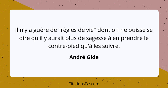 Il n'y a guère de "règles de vie" dont on ne puisse se dire qu'il y aurait plus de sagesse à en prendre le contre-pied qu'à les suivre.... - André Gide