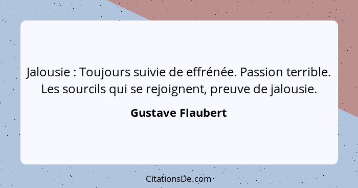 Jalousie : Toujours suivie de effrénée. Passion terrible. Les sourcils qui se rejoignent, preuve de jalousie.... - Gustave Flaubert