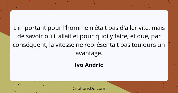 L'important pour l'homme n'était pas d'aller vite, mais de savoir où il allait et pour quoi y faire, et que, par conséquent, la vitesse n... - Ivo Andric