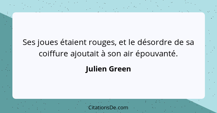 Ses joues étaient rouges, et le désordre de sa coiffure ajoutait à son air épouvanté.... - Julien Green