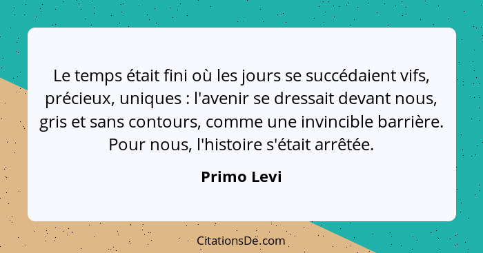 Le temps était fini où les jours se succédaient vifs, précieux, uniques : l'avenir se dressait devant nous, gris et sans contours, c... - Primo Levi