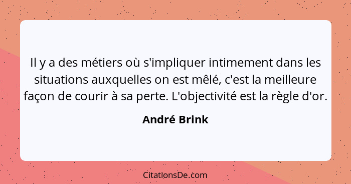 Il y a des métiers où s'impliquer intimement dans les situations auxquelles on est mêlé, c'est la meilleure façon de courir à sa perte.... - André Brink