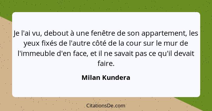 Je l'ai vu, debout à une fenêtre de son appartement, les yeux fixés de l'autre côté de la cour sur le mur de l'immeuble d'en face, et... - Milan Kundera