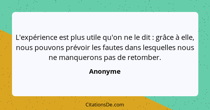 L'expérience est plus utile qu'on ne le dit : grâce à elle, nous pouvons prévoir les fautes dans lesquelles nous ne manquerons pas de r... - Anonyme