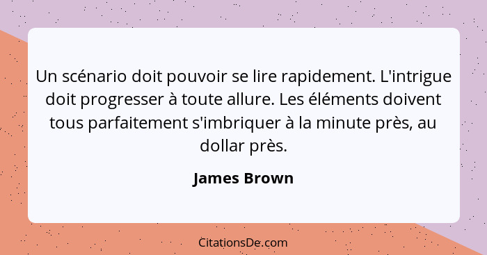 Un scénario doit pouvoir se lire rapidement. L'intrigue doit progresser à toute allure. Les éléments doivent tous parfaitement s'imbriqu... - James Brown