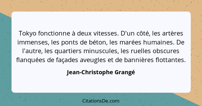 Tokyo fonctionne à deux vitesses. D'un côté, les artères immenses, les ponts de béton, les marées humaines. De l'autre, les q... - Jean-Christophe Grangé