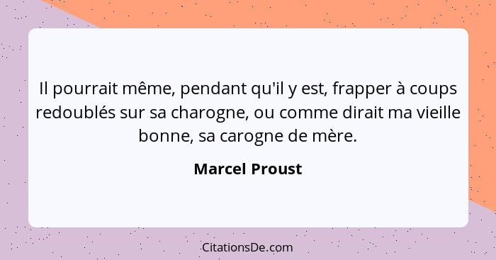 Il pourrait même, pendant qu'il y est, frapper à coups redoublés sur sa charogne, ou comme dirait ma vieille bonne, sa carogne de mère... - Marcel Proust