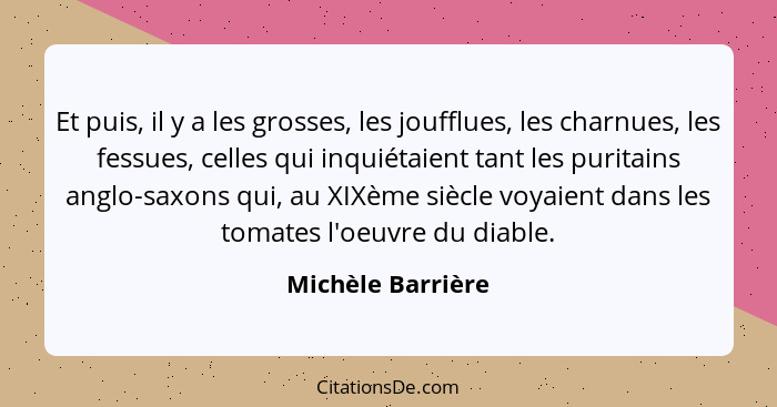 Et puis, il y a les grosses, les joufflues, les charnues, les fessues, celles qui inquiétaient tant les puritains anglo-saxons qui,... - Michèle Barrière