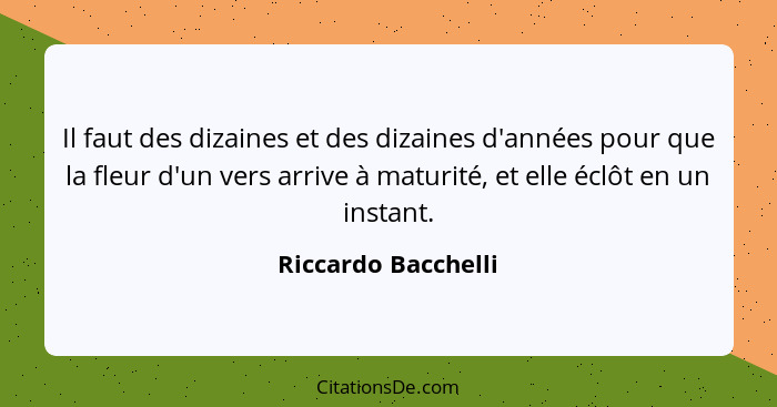 Il faut des dizaines et des dizaines d'années pour que la fleur d'un vers arrive à maturité, et elle éclôt en un instant.... - Riccardo Bacchelli