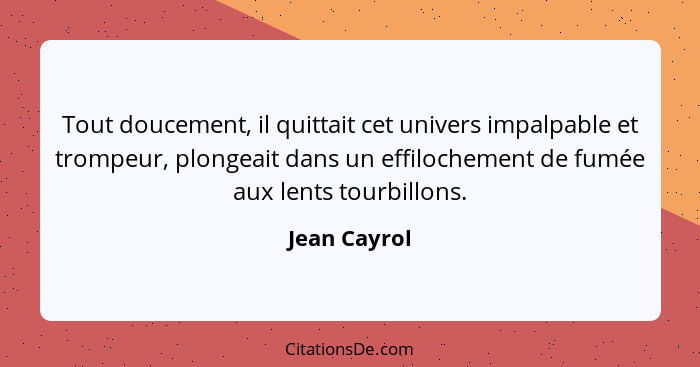 Tout doucement, il quittait cet univers impalpable et trompeur, plongeait dans un effilochement de fumée aux lents tourbillons.... - Jean Cayrol