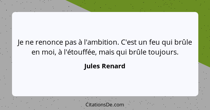 Je ne renonce pas à l'ambition. C'est un feu qui brûle en moi, à l'étouffée, mais qui brûle toujours.... - Jules Renard