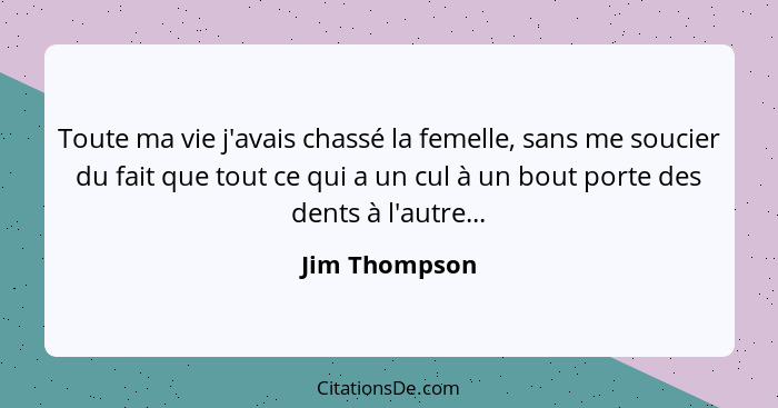 Toute ma vie j'avais chassé la femelle, sans me soucier du fait que tout ce qui a un cul à un bout porte des dents à l'autre...... - Jim Thompson