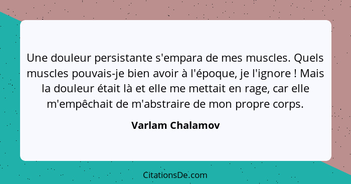 Une douleur persistante s'empara de mes muscles. Quels muscles pouvais-je bien avoir à l'époque, je l'ignore ! Mais la douleur... - Varlam Chalamov