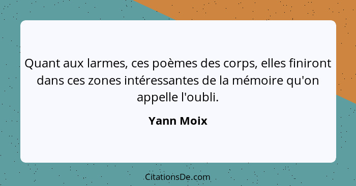 Quant aux larmes, ces poèmes des corps, elles finiront dans ces zones intéressantes de la mémoire qu'on appelle l'oubli.... - Yann Moix