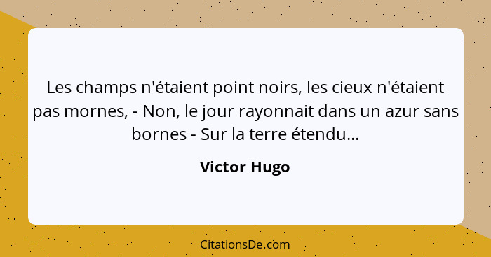 Les champs n'étaient point noirs, les cieux n'étaient pas mornes, - Non, le jour rayonnait dans un azur sans bornes - Sur la terre étend... - Victor Hugo