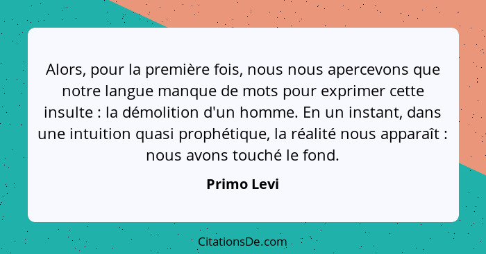 Alors, pour la première fois, nous nous apercevons que notre langue manque de mots pour exprimer cette insulte : la démolition d'un... - Primo Levi