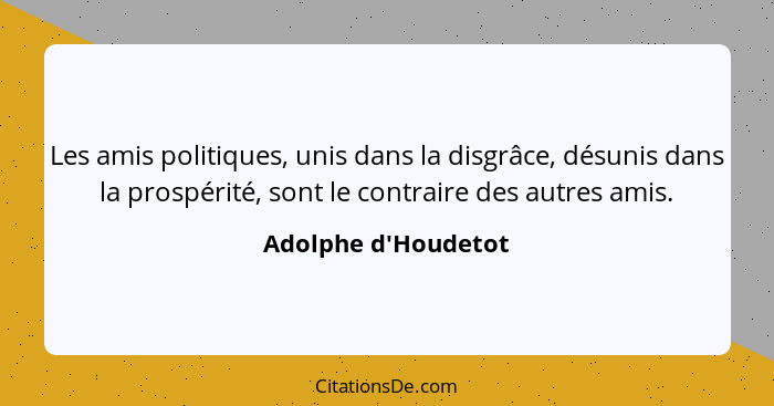 Les amis politiques, unis dans la disgrâce, désunis dans la prospérité, sont le contraire des autres amis.... - Adolphe d'Houdetot