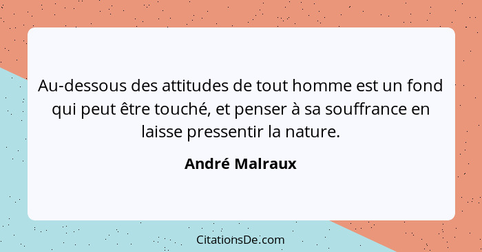 Au-dessous des attitudes de tout homme est un fond qui peut être touché, et penser à sa souffrance en laisse pressentir la nature.... - André Malraux