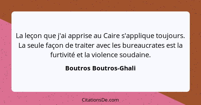 La leçon que j'ai apprise au Caire s'applique toujours. La seule façon de traiter avec les bureaucrates est la furtivité et la... - Boutros Boutros-Ghali