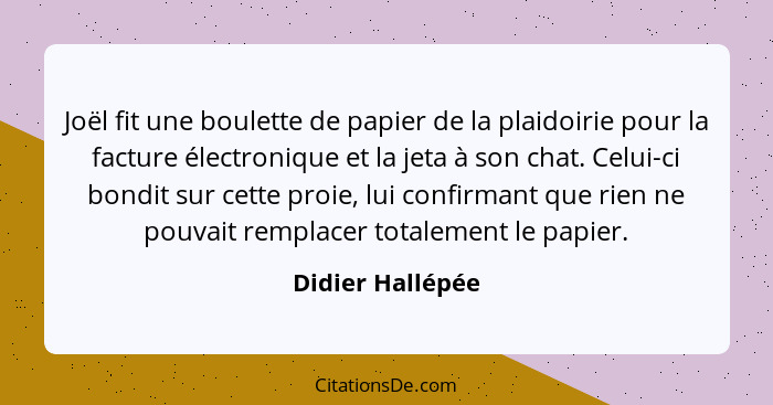 Joël fit une boulette de papier de la plaidoirie pour la facture électronique et la jeta à son chat. Celui-ci bondit sur cette proie... - Didier Hallépée