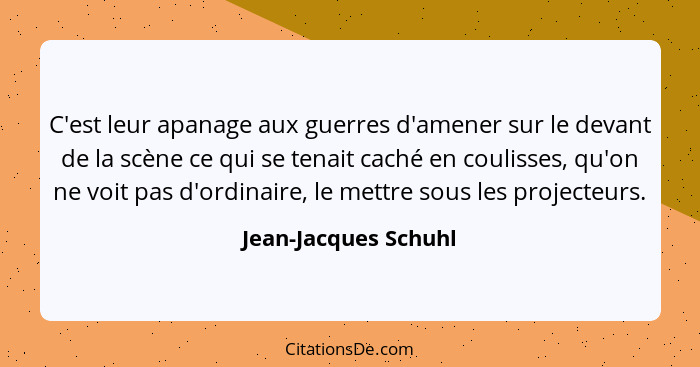 C'est leur apanage aux guerres d'amener sur le devant de la scène ce qui se tenait caché en coulisses, qu'on ne voit pas d'ordin... - Jean-Jacques Schuhl