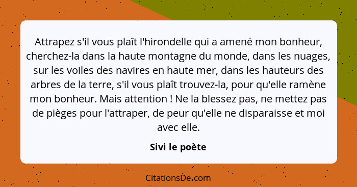 Attrapez s'il vous plaît l'hirondelle qui a amené mon bonheur, cherchez-la dans la haute montagne du monde, dans les nuages, sur les v... - Sivi le poète