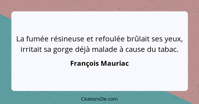 La fumée résineuse et refoulée brûlait ses yeux, irritait sa gorge déjà malade à cause du tabac.... - François Mauriac