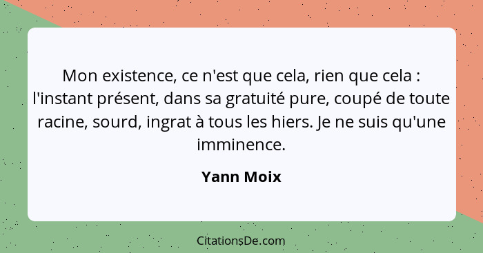 Mon existence, ce n'est que cela, rien que cela : l'instant présent, dans sa gratuité pure, coupé de toute racine, sourd, ingrat à to... - Yann Moix