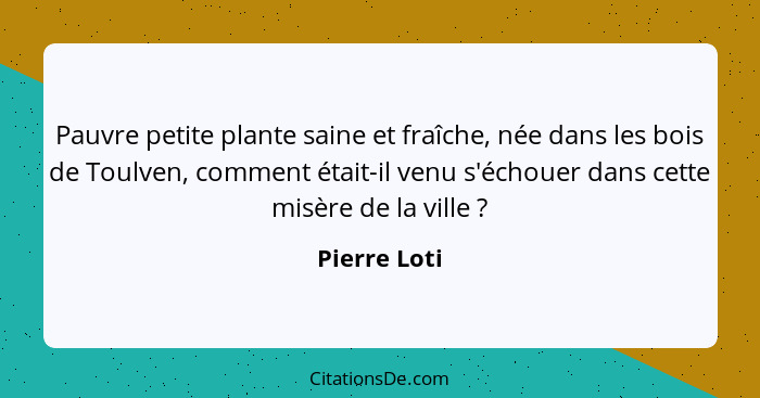 Pauvre petite plante saine et fraîche, née dans les bois de Toulven, comment était-il venu s'échouer dans cette misère de la ville ... - Pierre Loti