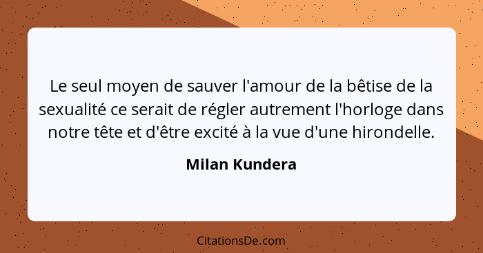 Le seul moyen de sauver l'amour de la bêtise de la sexualité ce serait de régler autrement l'horloge dans notre tête et d'être excité... - Milan Kundera