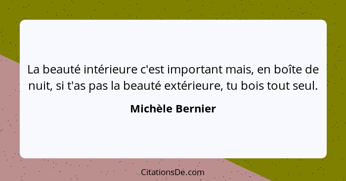 La beauté intérieure c'est important mais, en boîte de nuit, si t'as pas la beauté extérieure, tu bois tout seul.... - Michèle Bernier