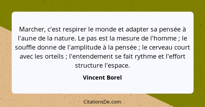 Marcher, c'est respirer le monde et adapter sa pensée à l'aune de la nature. Le pas est la mesure de l'homme ; le souffle donne d... - Vincent Borel