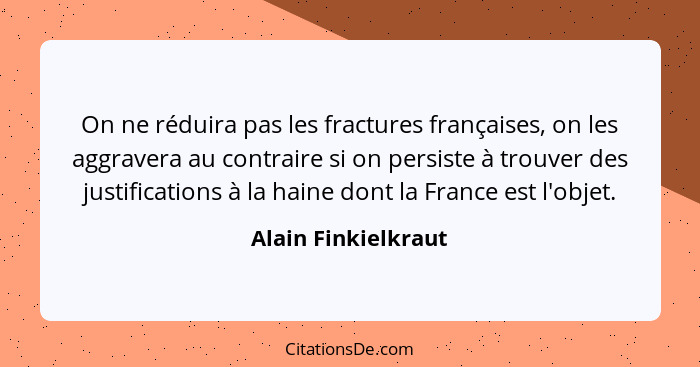 On ne réduira pas les fractures françaises, on les aggravera au contraire si on persiste à trouver des justifications à la haine... - Alain Finkielkraut