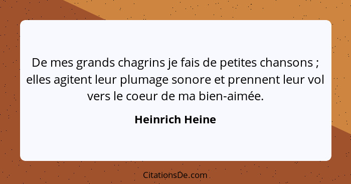 De mes grands chagrins je fais de petites chansons ; elles agitent leur plumage sonore et prennent leur vol vers le coeur de ma... - Heinrich Heine