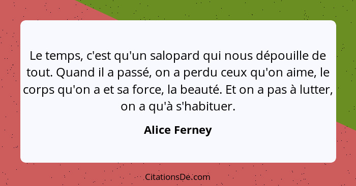 Le temps, c'est qu'un salopard qui nous dépouille de tout. Quand il a passé, on a perdu ceux qu'on aime, le corps qu'on a et sa force,... - Alice Ferney