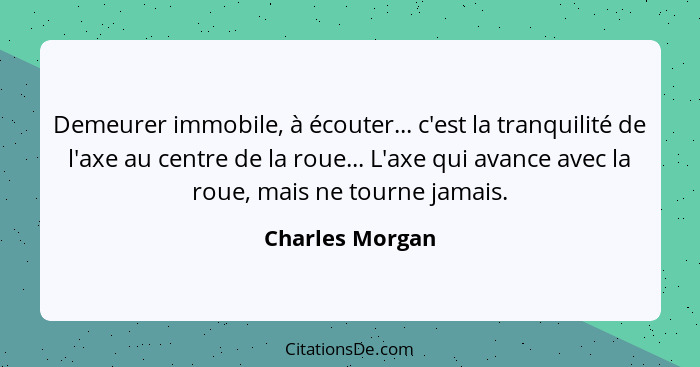 Demeurer immobile, à écouter... c'est la tranquilité de l'axe au centre de la roue... L'axe qui avance avec la roue, mais ne tourne j... - Charles Morgan