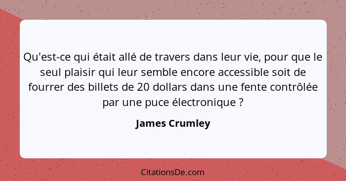 Qu'est-ce qui était allé de travers dans leur vie, pour que le seul plaisir qui leur semble encore accessible soit de fourrer des bill... - James Crumley