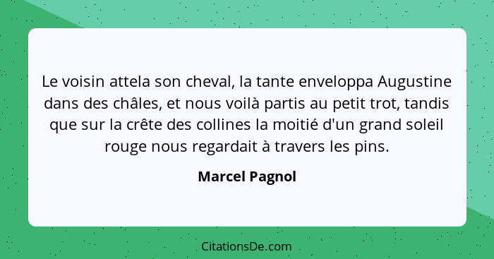 Le voisin attela son cheval, la tante enveloppa Augustine dans des châles, et nous voilà partis au petit trot, tandis que sur la crête... - Marcel Pagnol