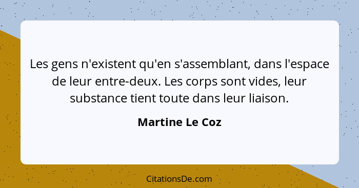 Les gens n'existent qu'en s'assemblant, dans l'espace de leur entre-deux. Les corps sont vides, leur substance tient toute dans leur... - Martine Le Coz